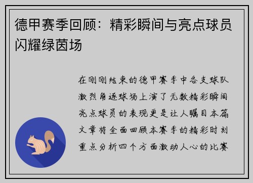 德甲赛季回顾：精彩瞬间与亮点球员闪耀绿茵场
