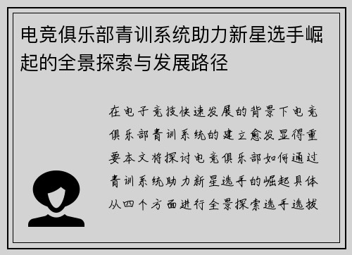 电竞俱乐部青训系统助力新星选手崛起的全景探索与发展路径