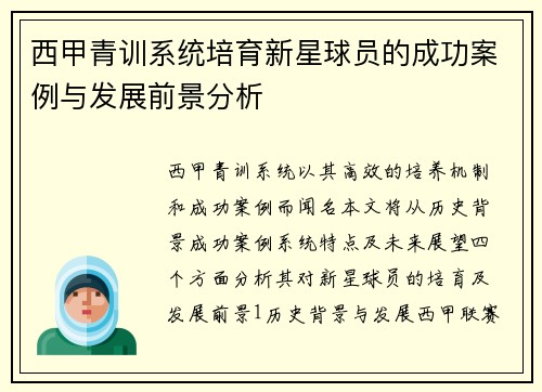 西甲青训系统培育新星球员的成功案例与发展前景分析